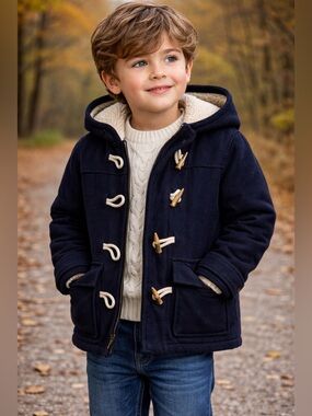GAP Classic Navy Toggle Coat Sherpa Lined Hooded Kids Jacket Cozy Winter